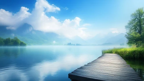 Wooden pier tiptoes into a mist-veiled mountain lake dream