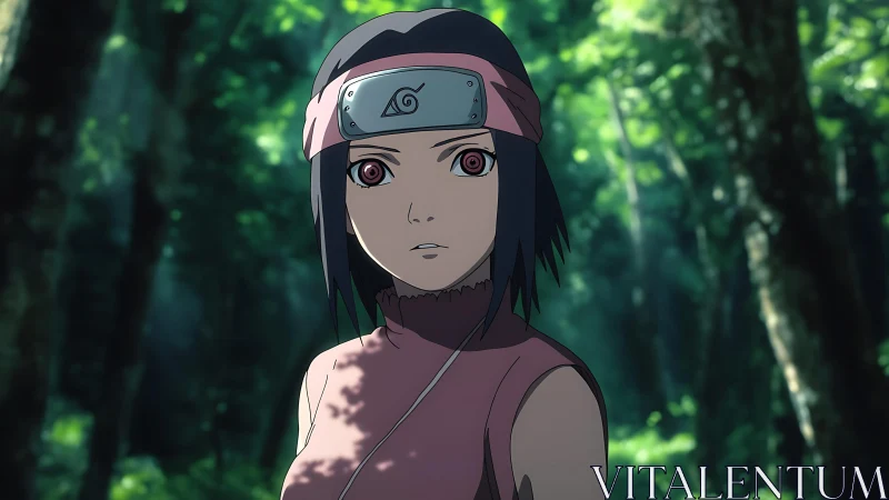 Forest kunoichi portrait with focused gaze and leaf headband.