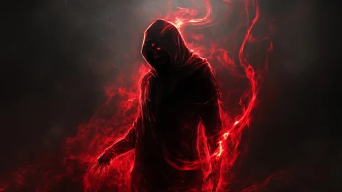 Mysterious hooded figure glowing with vivid red energy.