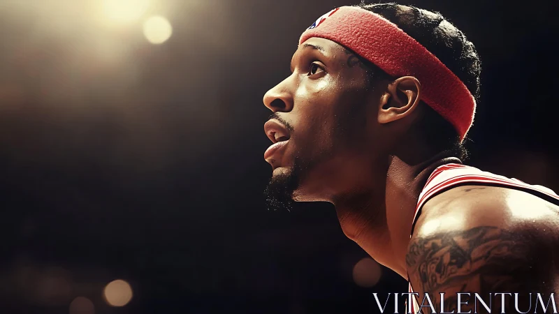 Intense courtside portrait under dramatic arena spotlight.