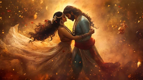 Couple Embracing in Fiery Golden Light with Flowing Fabric