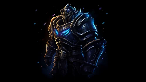 Armored figure stands in rim-lit profile against dark void