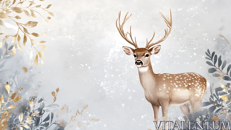 Spotted winter deer with gilded foliage in soft gray scene.