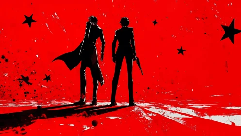 High‑contrast vigilantes in red field with dynamic star vectors.