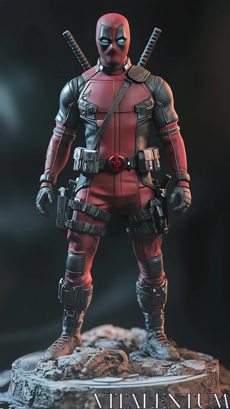 3D character render of red-black armored antihero on plinth.