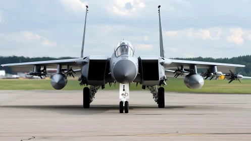 Modern fighter jet rolls along runway in ready formation.