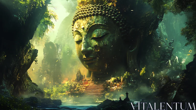 Forest gods exhale mist around a colossal serene Buddha