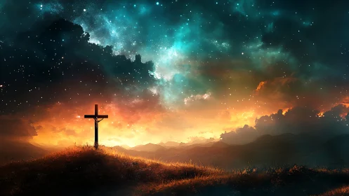Lone wooden cross rises beneath a radiant cosmic sky.
