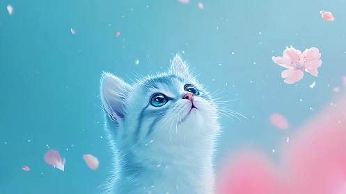 White cat with blue eyes against gradient background.