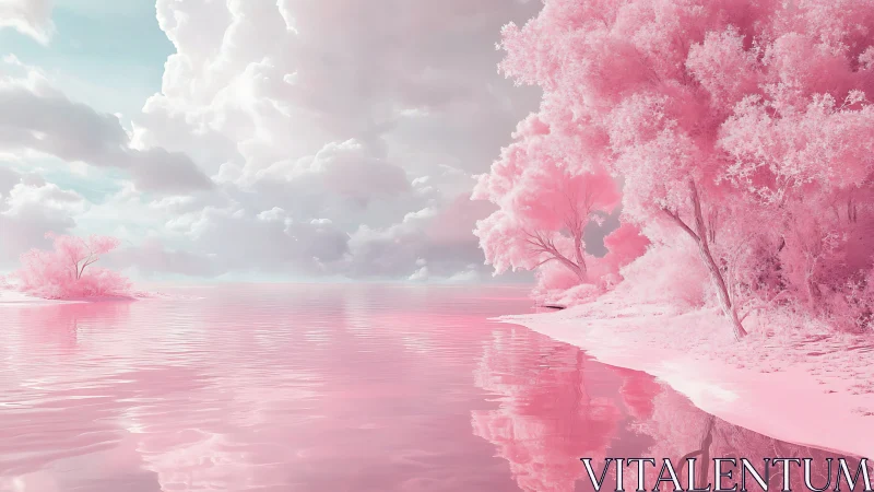 Pink infrared shoreline with reflective water and pastel sky.