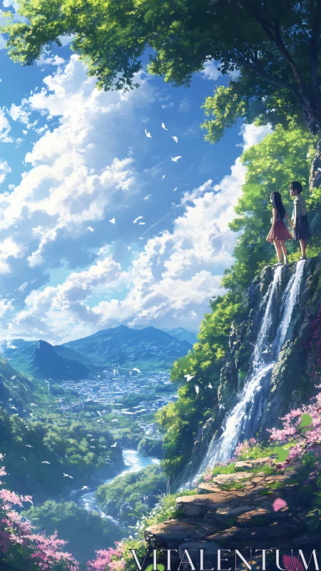 Vertical anime landscape shows valley city, waterfall and cloud depth