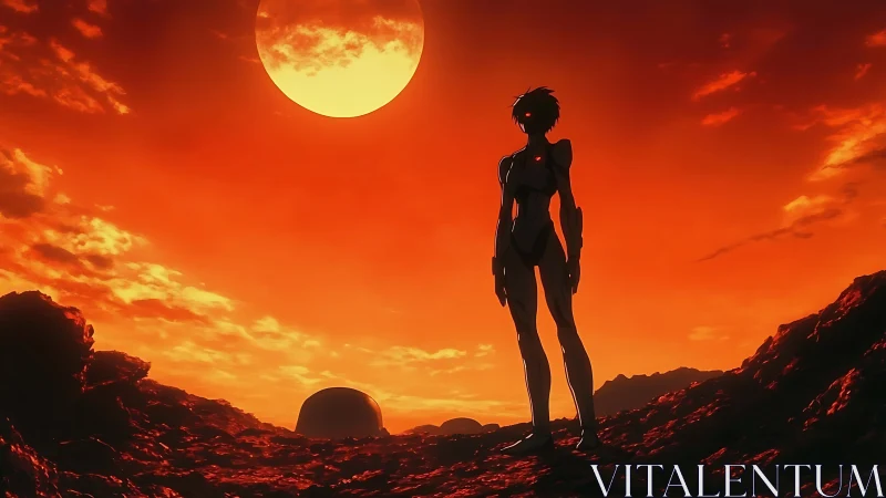 Silhouetted android on molten terrain beneath oversized sun