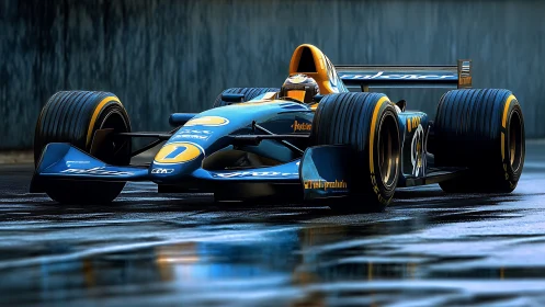 Blue single-seater race car on wet reflective track surface.