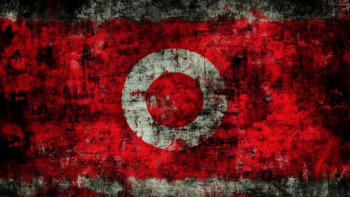Grunge-textured red field with distressed concentric ring emblem.