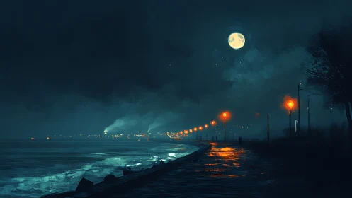 Moody moonlit coastline with glowing orange streetlights.