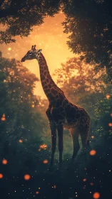 Giraffe pauses in glowing twilight forest alive with sparks.