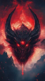 Symmetrical demonic helm forms central fiery focal point in nebular void