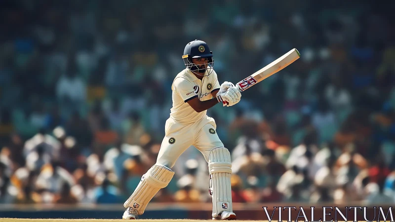 Focused cricket batsman ready to drive under stadium lights.