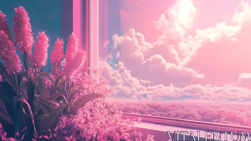 Digital painting window vista with neon pink floral atmosphere.