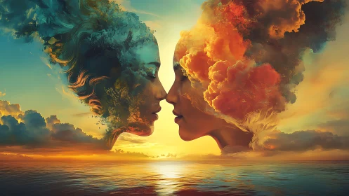 Dual Profile Dissolution: Abstract Profiles Merging into Atmospheric Fire and Teal Clouds.