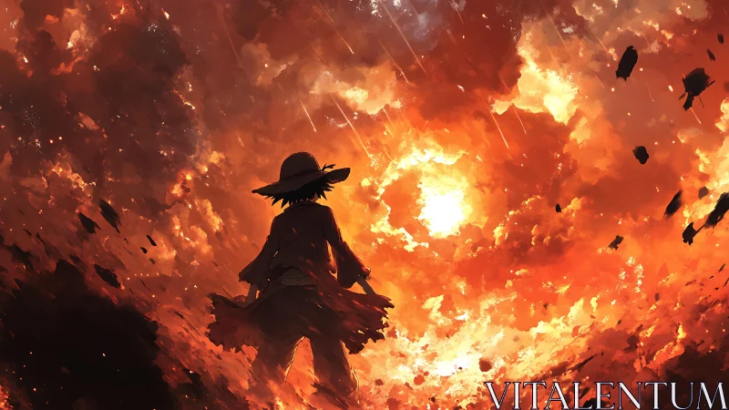 Inferno Sentinel: Silhouette Against Apocalyptic Fire.