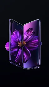 Foldable smartphone render with luminous purple bloom integration.