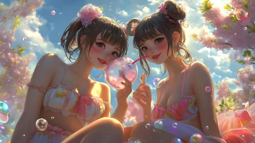 Twin girls share a bubble drink in dreamy spring garden.