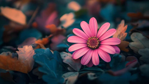 Pink Daisy Blooming Beautifully Amid Autumn Leaves.
