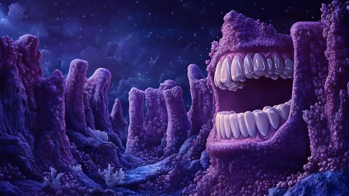 Surreal purple canyon landscape with giant open mouth.