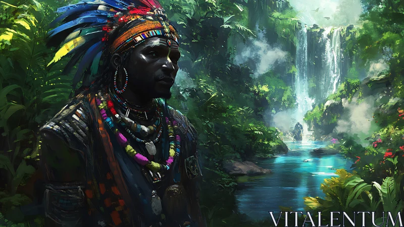 Indigenous shamanic figure in bioluminous jungle cascade scene.