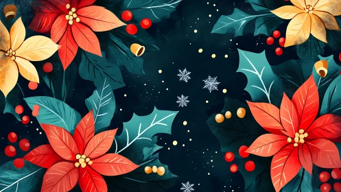 Festive poinsettias and holly leaves on dark winter background.