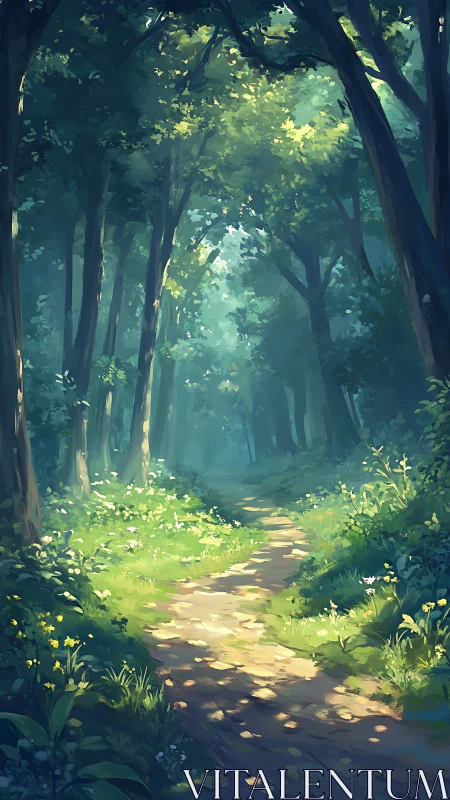 Enchanted Forest Path Through Golden Light.