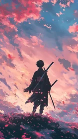Lone swordsman gazes toward a glowing, dream swept horizon