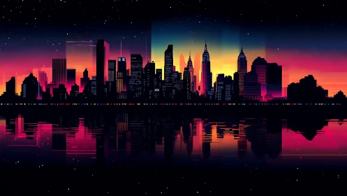 Neon gradient skyline silhouette with reflective waterfront symmetry