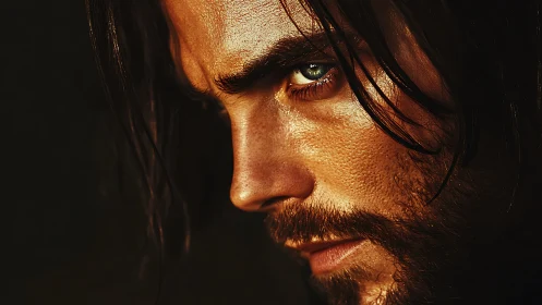 Storm-lit gaze of a rugged wanderer in molten amber light.