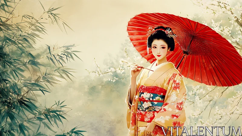 Geisha portrait with parasol in atmospheric floral environment.