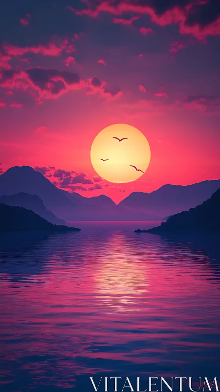 Vibrant digital sunset over calm mountains and water.