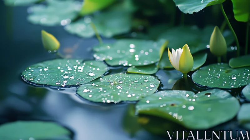 Water droplets rest on lily pads around a white water flower
