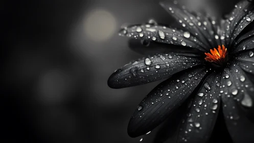 Black Petals Adorned with Raindrops and Vibrant Orange Center.