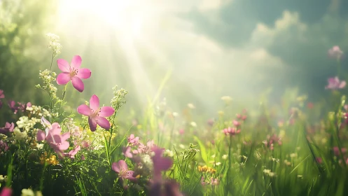 Luminous Garden Dreams: Pink Wildflowers Dancing in Golden Sunlight.