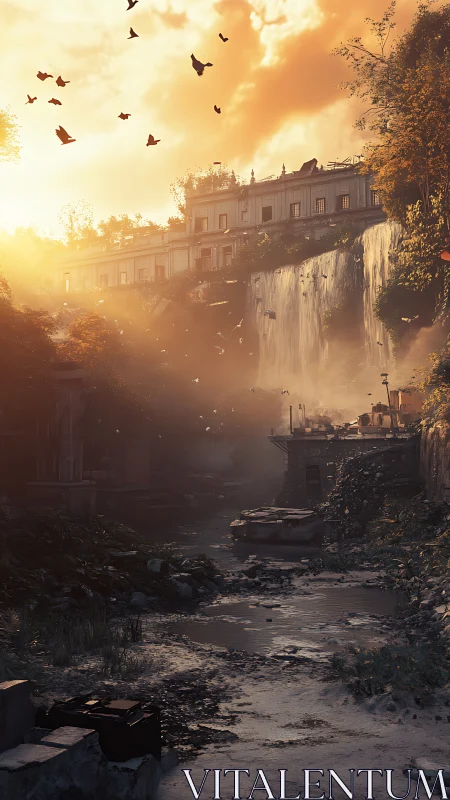 Sunlit ruins let manmade waterfalls bathe a sleeping city