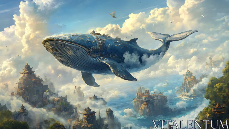 Majestic sky whale glides above misty temples and bright sea