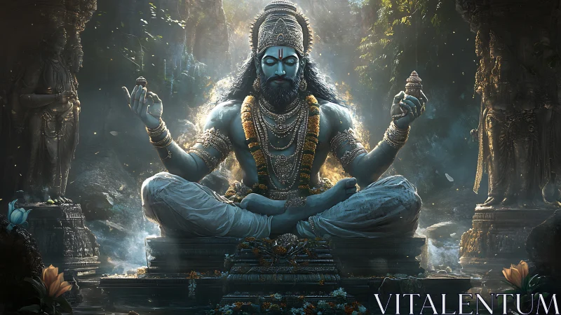Divine blue yogi meditates in luminous jungle temple.