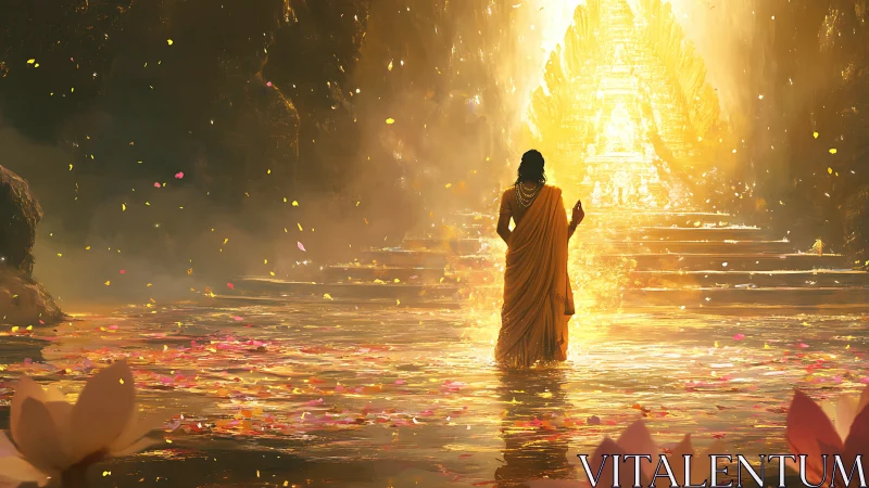 Figure in golden robe approaching radiant temple portal.