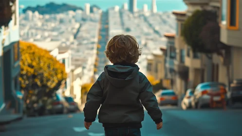 Small explorer surveys a sunlit city descending to the sea