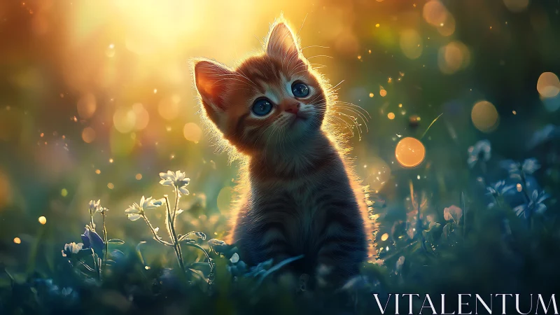 Young Kitten Illuminated in Golden Garden Light.