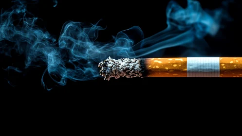 Curling blue smoke trails rise from a burning cigarette end
