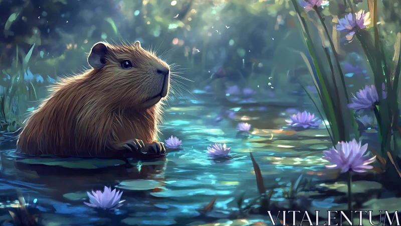 Capybara sits in shallow pond surrounded by purple lilies