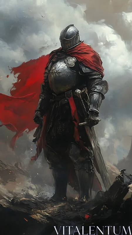 Armored knight stands amid storm clouds and burning ruins.