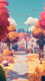 Rendered village path leads to house amid stylized trees